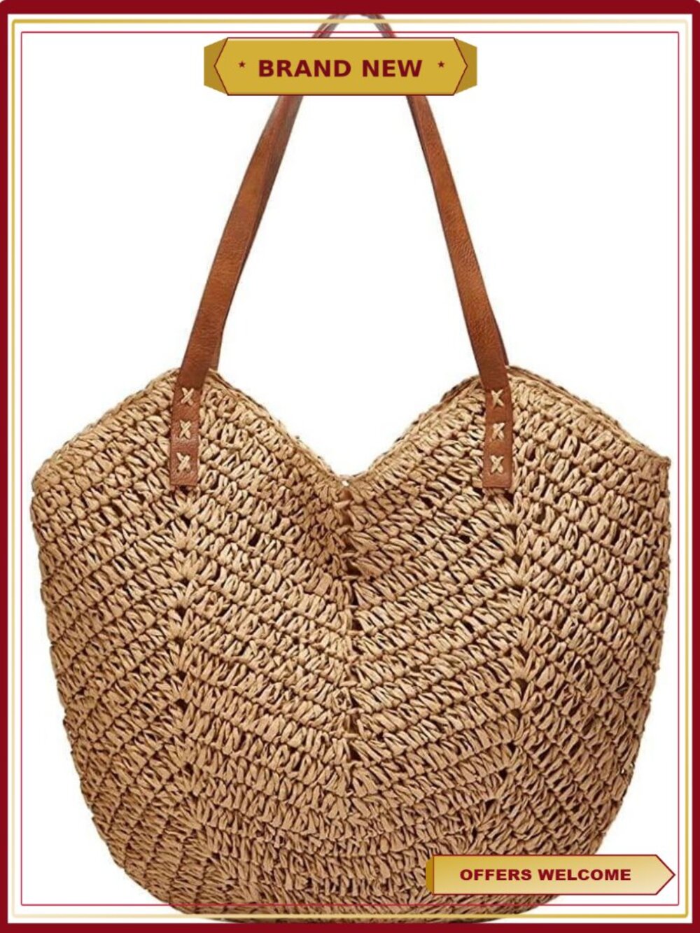 Hand-Woven Paper Rope Straw Tote Bag Large Summer Beach Shoulder Handbag